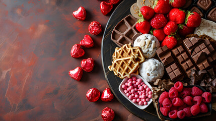 A Valentine's Day charcuterie board, complete with sweets, strawberries, chocolate, and cookies, embodies a timeless and romantic holiday treat. generative AI