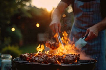 A person is cooking meat on a grill. This image can be used to showcase outdoor cooking or grilling activities - Powered by Adobe