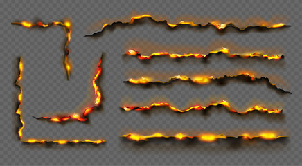 Burnt paper edges with fire and black ash. Vector isolated elements of borders and frames from scorched and smoldering sheets. Torn grungy texture on transparent background, holes on page