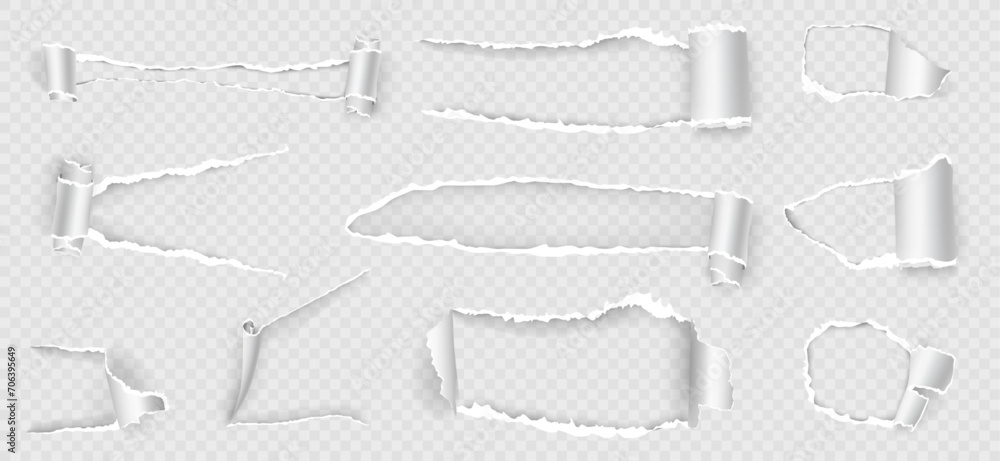 Poster ripped paper holes with scrolls and uneven torn edges. vector isolated blank fragment of page, docum