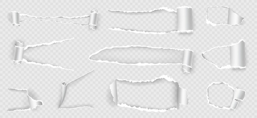 Ripped paper holes with scrolls and uneven torn edges. Vector isolated blank fragment of page, document or journal on transparent background. Frame or border for copy space or banner with curl