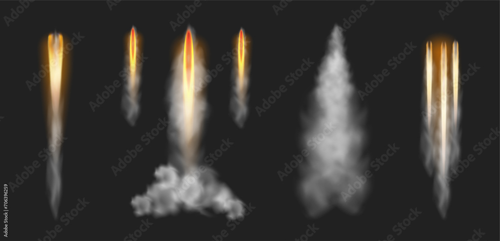 Poster Smoky trail and fire burst effect from launching rocket. Vector isolated taking off spacecraft or spaceship, vapor or missile light. Meteor or comet trace in sky. Gas or fume from jet or shuttle