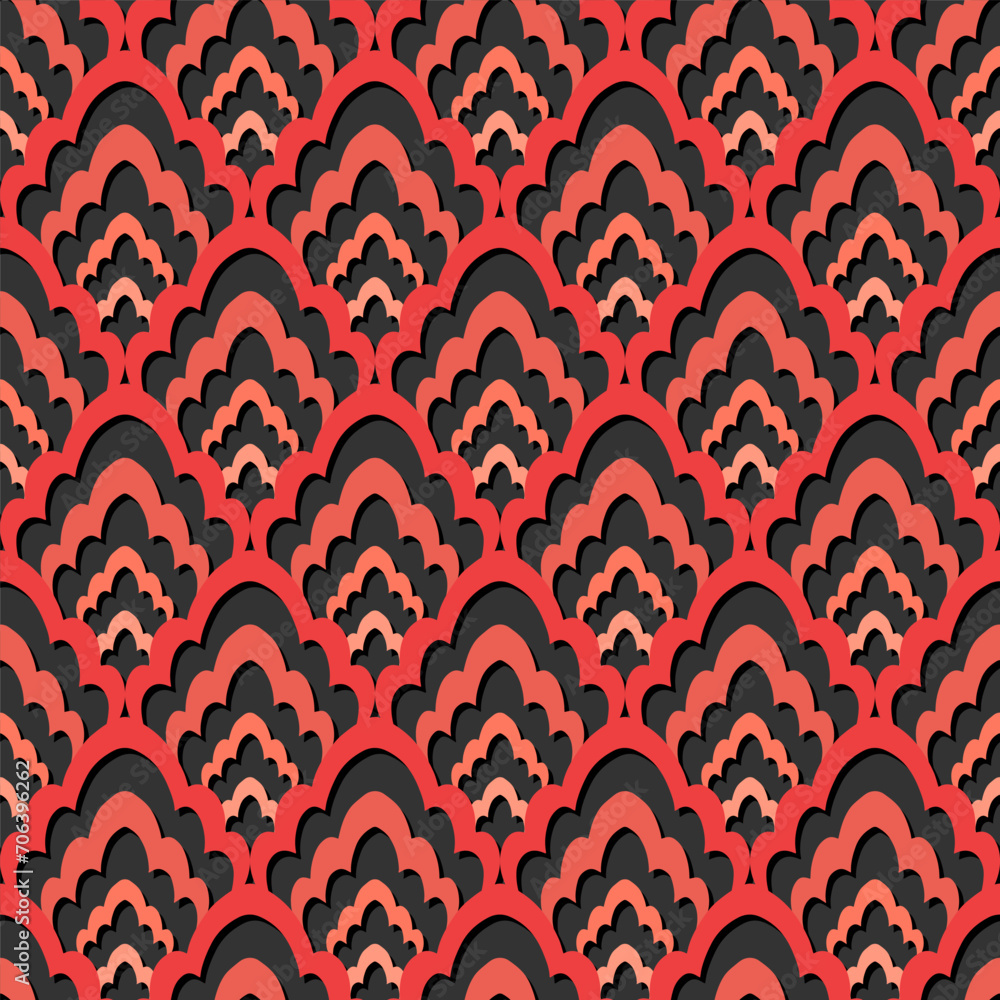 Poster abstract delicate lace type damask peach color shadows geometric seamless pattern on dark background