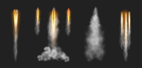 Smoky trail and fire burst effect from launching rocket. Vector isolated taking off spacecraft or spaceship, vapor or missile light. Meteor or comet trace in sky. Gas or fume from jet or shuttle - obrazy, fototapety, plakaty