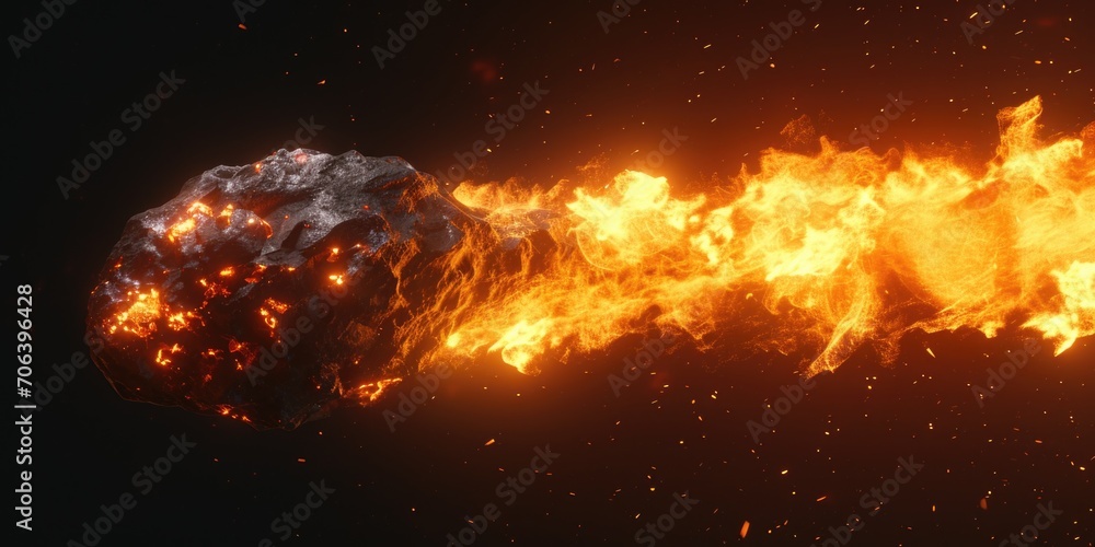 Poster A large rock engulfed in flames in a dark setting. Perfect for adding a fiery and dramatic element to your designs