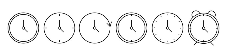 Set of clock line icon. Time, hands, minutes, alarm clock, dial, mechanism, second, numbers, timer, chronometer. Vector icon for business and advertising - obrazy, fototapety, plakaty