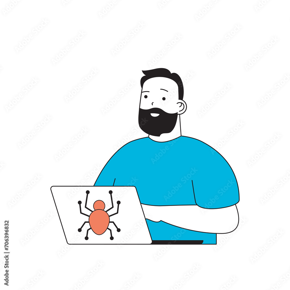Fototapete Programming concept with cartoon people in flat design for web. Man working in security, fighting hacker attacks and fixing bugs. Vector illustration for social media banner, marketing material.