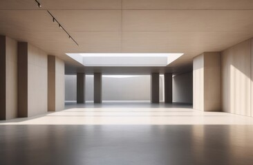 stark, concrete space with minimalist interior in beige tones on sunny day.