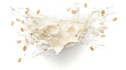 Foto op Plexiglas Oat milk splash with almonds isolated on white background © growth.ai