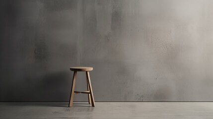Lone stool in a gray-walled minimalist setting  AI generated illustration - obrazy, fototapety, plakaty