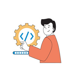 Programming concept with cartoon people in flat design for web. Man creating app code and algorithms, testing programs and settings. Vector illustration for social media banner, marketing material.