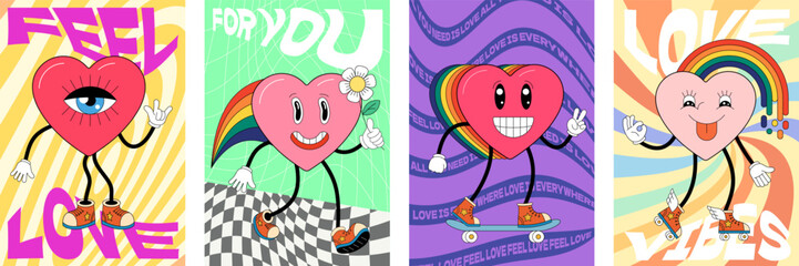 Happy Valentines Day greeting card. Groovy art typography poster. Retro funky cartoon heart characters. Valentine holiday vintage hippy hearts mascots. Crazy hippie love placard. Trendy y2k eps banner