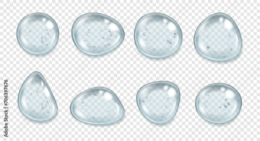 Poster clear serum drops with air bubbles isolated on transparent background. vector isolated droplets of r