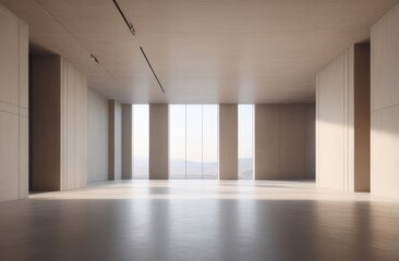 Obraz premium Minimalist interior architecture: Sunlit empty room with pillars, beige walls, concrete floor
