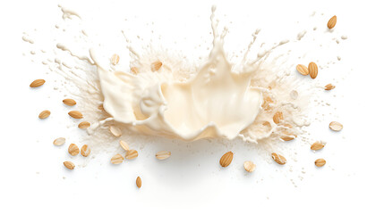 Oat milk splash with almonds isolated on white background - obrazy, fototapety, plakaty