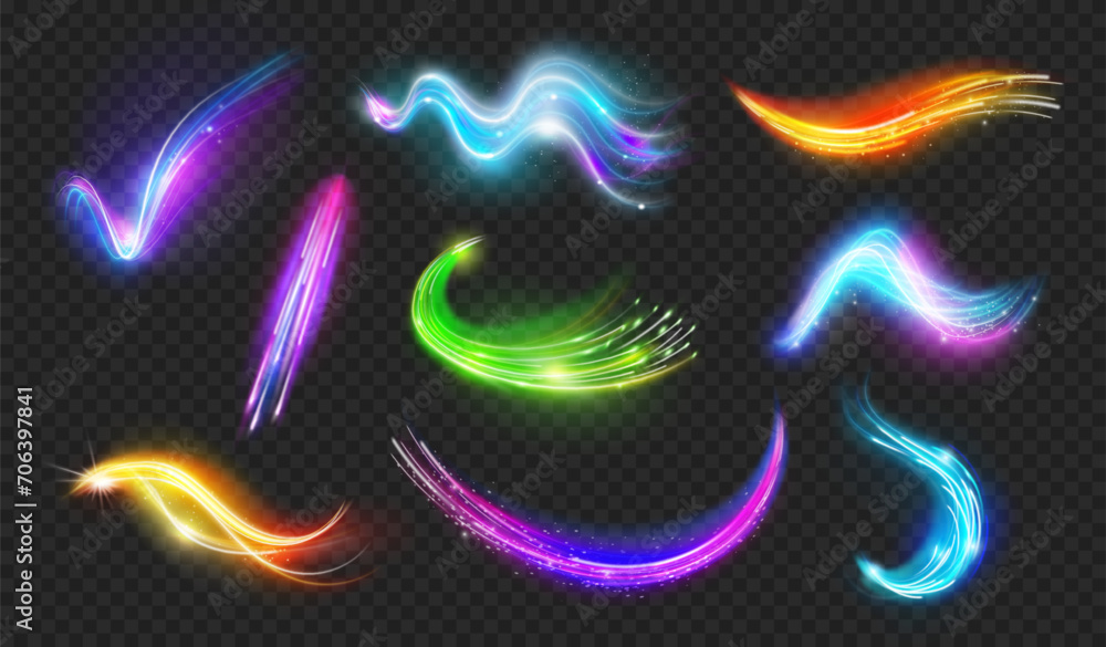 Poster Neon light waves and trails with glowing effect. Vector isolated realistic shining lines and swirls, speed, and motion. Illumination and dynamic flares with glitter and bright particles shimmer