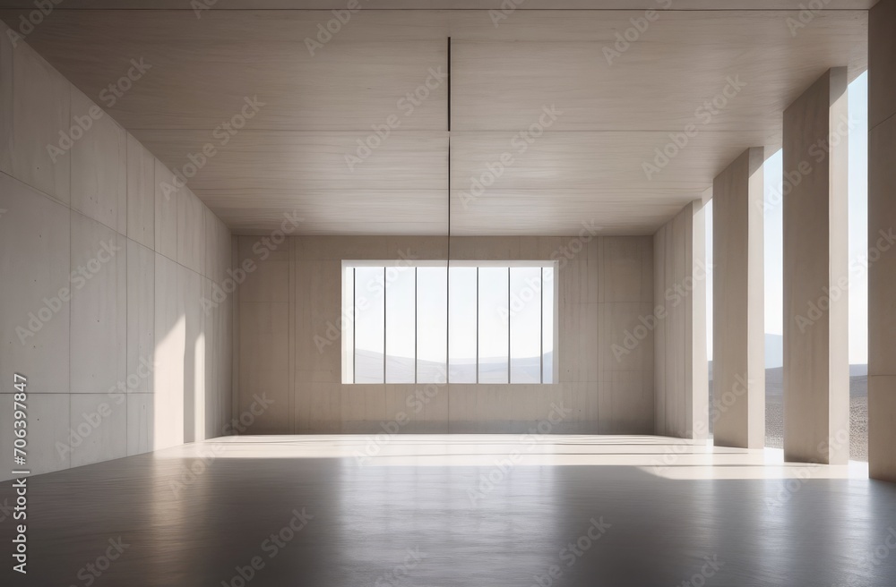 Poster minimalist architectural design with columns. sunlit stark concrete space in beige tones