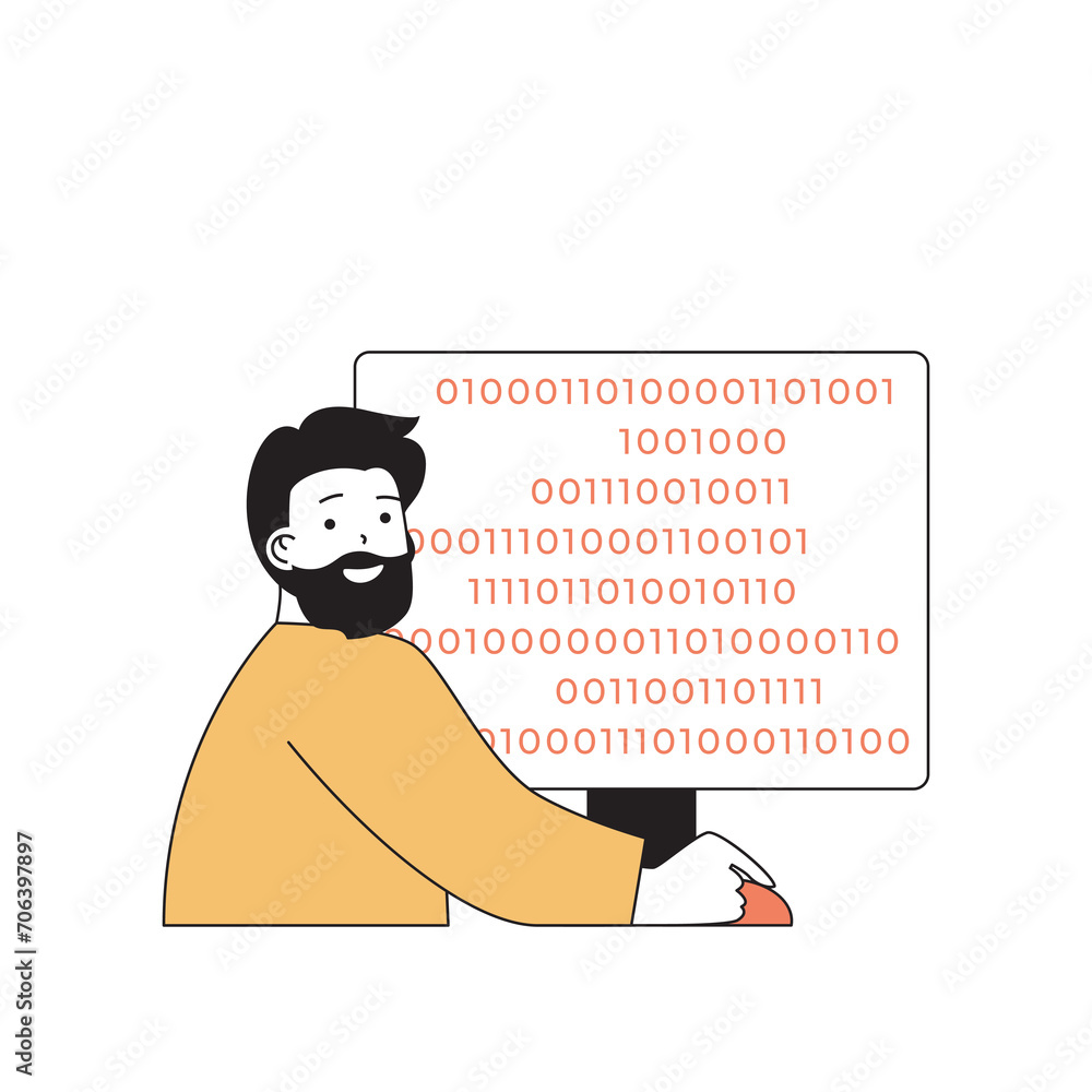 Poster programming concept with cartoon people in flat design for web. man creating product code, searching