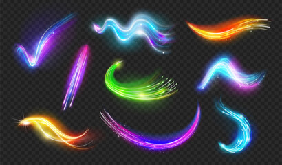 Neon light waves and trails with glowing effect. Vector isolated realistic shining lines and swirls, speed, and motion. Illumination and dynamic flares with glitter and bright particles shimmer