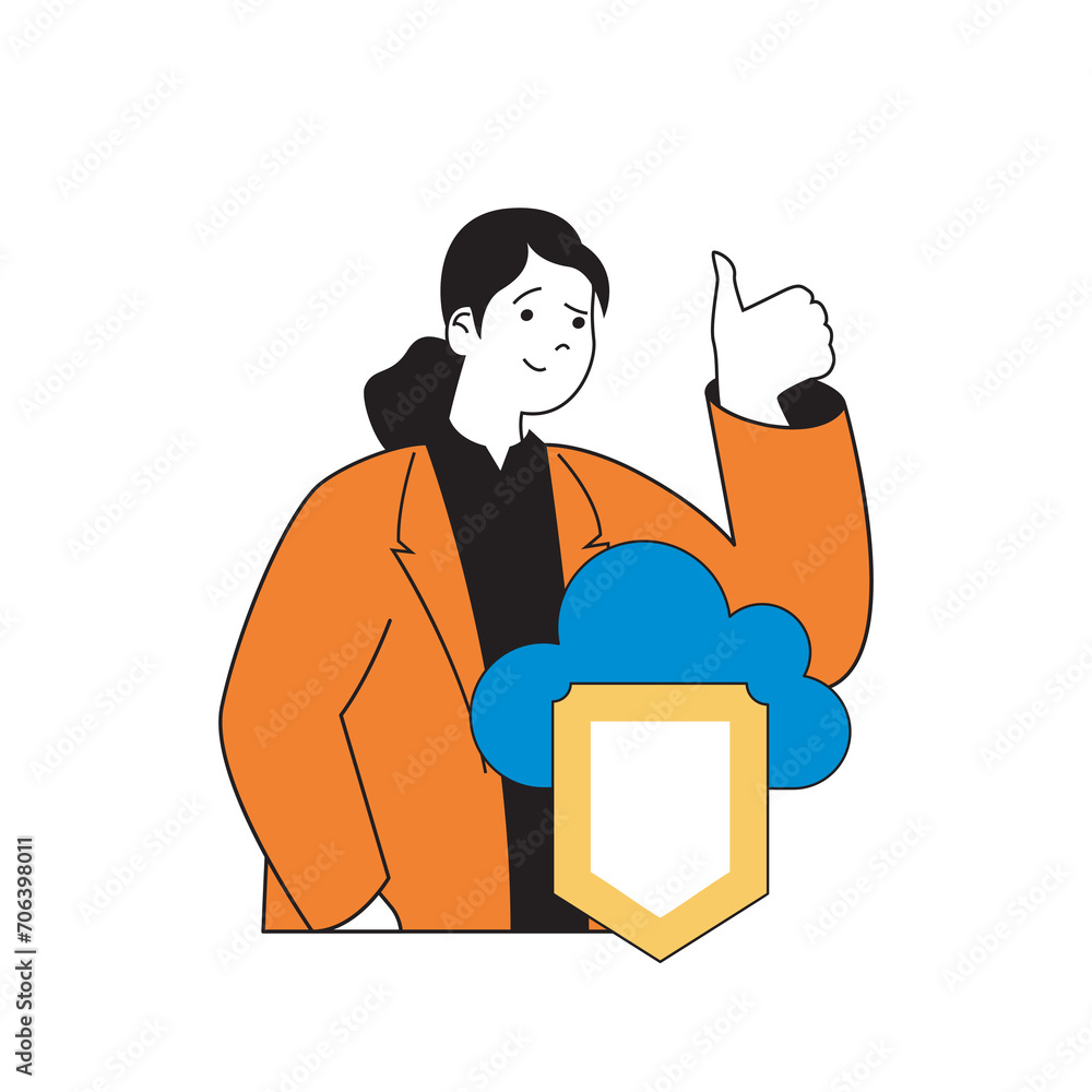 Poster cloud computing concept with cartoon people in flat design for web. woman using online storage with 