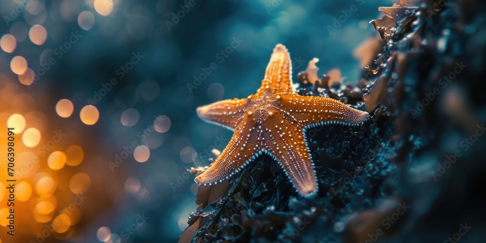 Poster a close-up view of a starfish resting on a rock. perfect for marine-themed projects or educational m