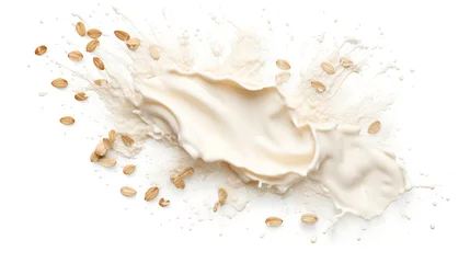 Selbstklebende Fototapeten Oat milk splash with almonds isolated on white background © growth.ai