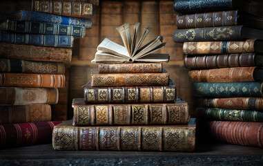 Opened book and stacks of old books in old library. Conceptual background on history, education, literature topics. Translation of book titles - history of England, ancient history. - obrazy, fototapety, plakaty