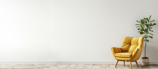 Interior mockup of a living room wall in white tones with a yellow chair with copy space