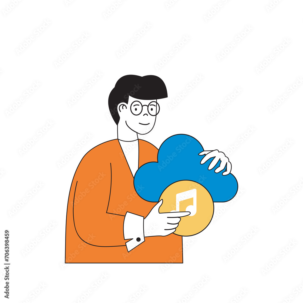 Leinwandbilder cloud computing concept with cartoon people in flat design for web. man using online streaming platf