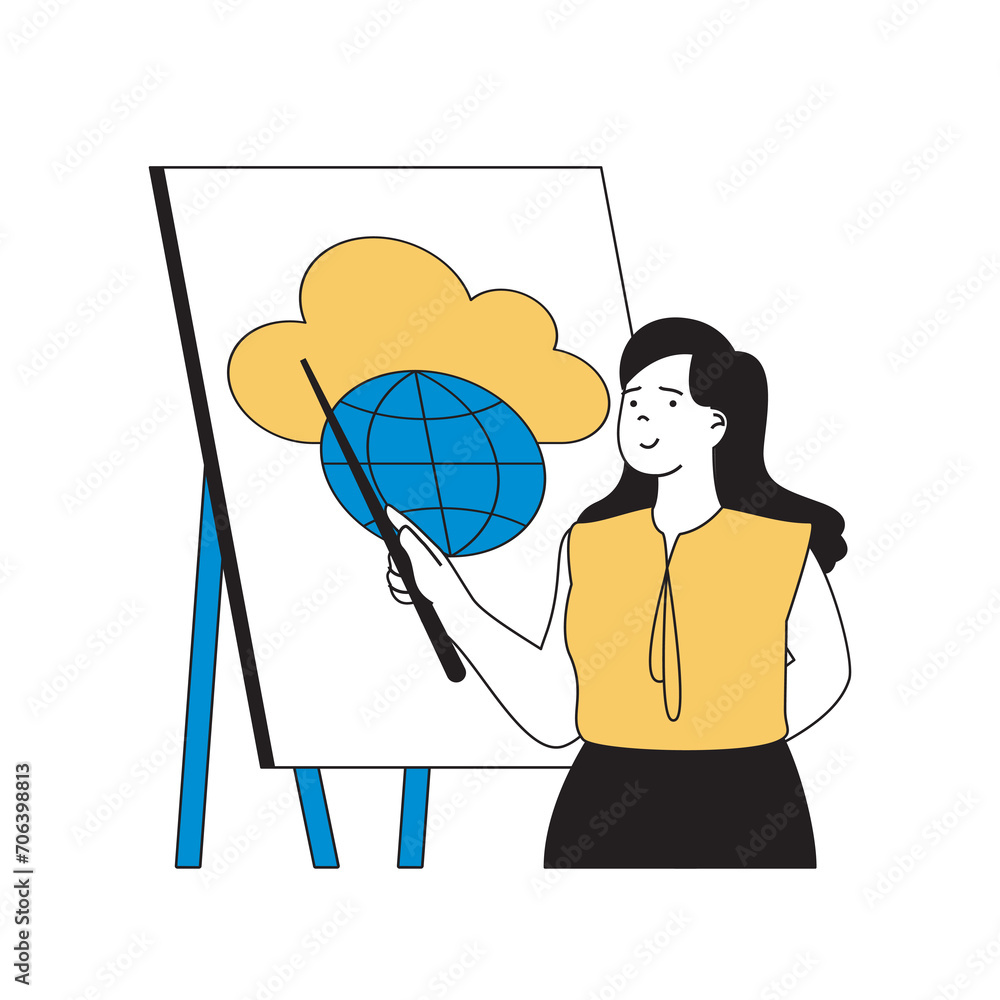 Aufkleber Cloud computing concept with cartoon people in flat design for web. Woman using online storage and cloud processing technology at work. Vector illustration for social media banner, marketing material.