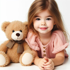 A cute girl playing with a teddy bear with copy space for text on solid white background. ai generative