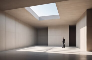 minimalist architectural design. male figure in sunlit stark concrete space on sunny day.
