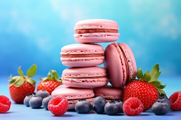 Colorful macarons dessert with berries on blue background