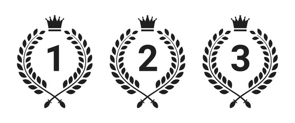 Laurel wreath crown award winning rank 1,2 and 3 icons - obrazy, fototapety, plakaty