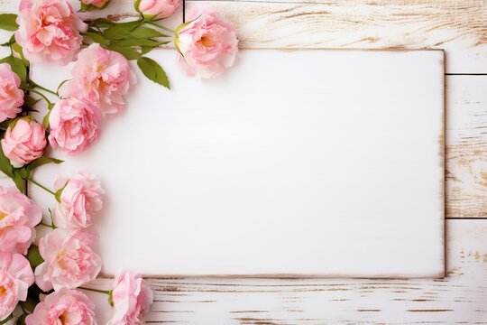 Bouquet of pink flowers with blank frame on white wooden background