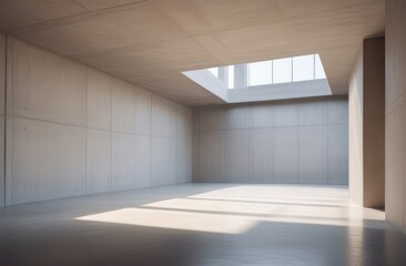 Obraz premium Beige-walled room, concrete floor flooded with sunlight. Understated elegance in architecture.