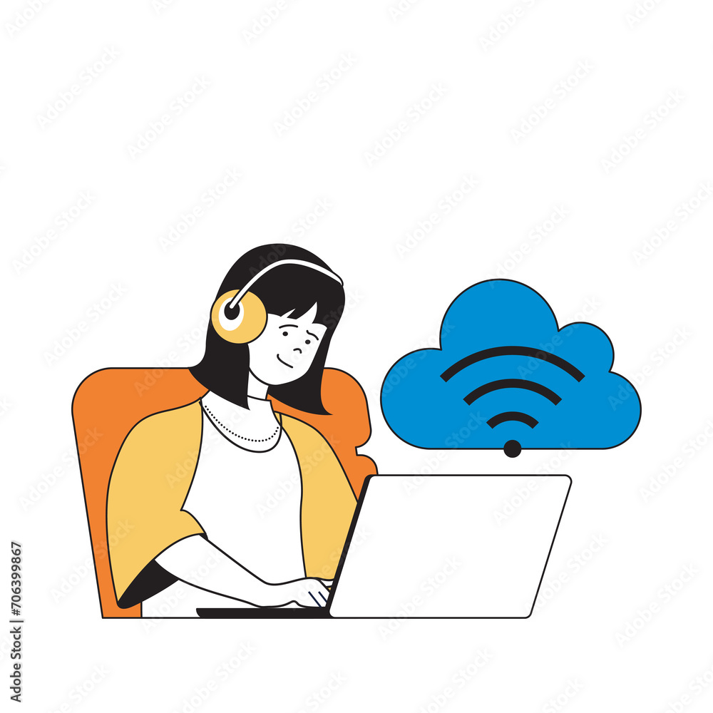 Aufkleber Cloud computing concept with cartoon people in flat design for web. Woman working at laptop with wifi access to database processing. Vector illustration for social media banner, marketing material.