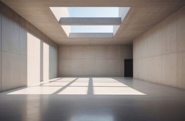 Understated elegance in architecture. Beige-walled room, concrete floor flooded with sunlight