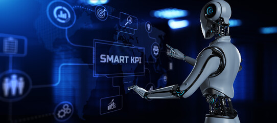Smart KPI Key performance indicator. Robot pressing button on screen 3d render.