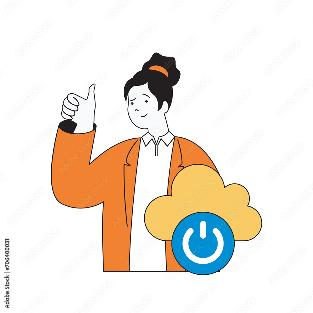 Poster cloud computing concept with cartoon people in flat design for web. woman using hosting service, dat