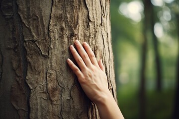 Female hand touching the tree trunk