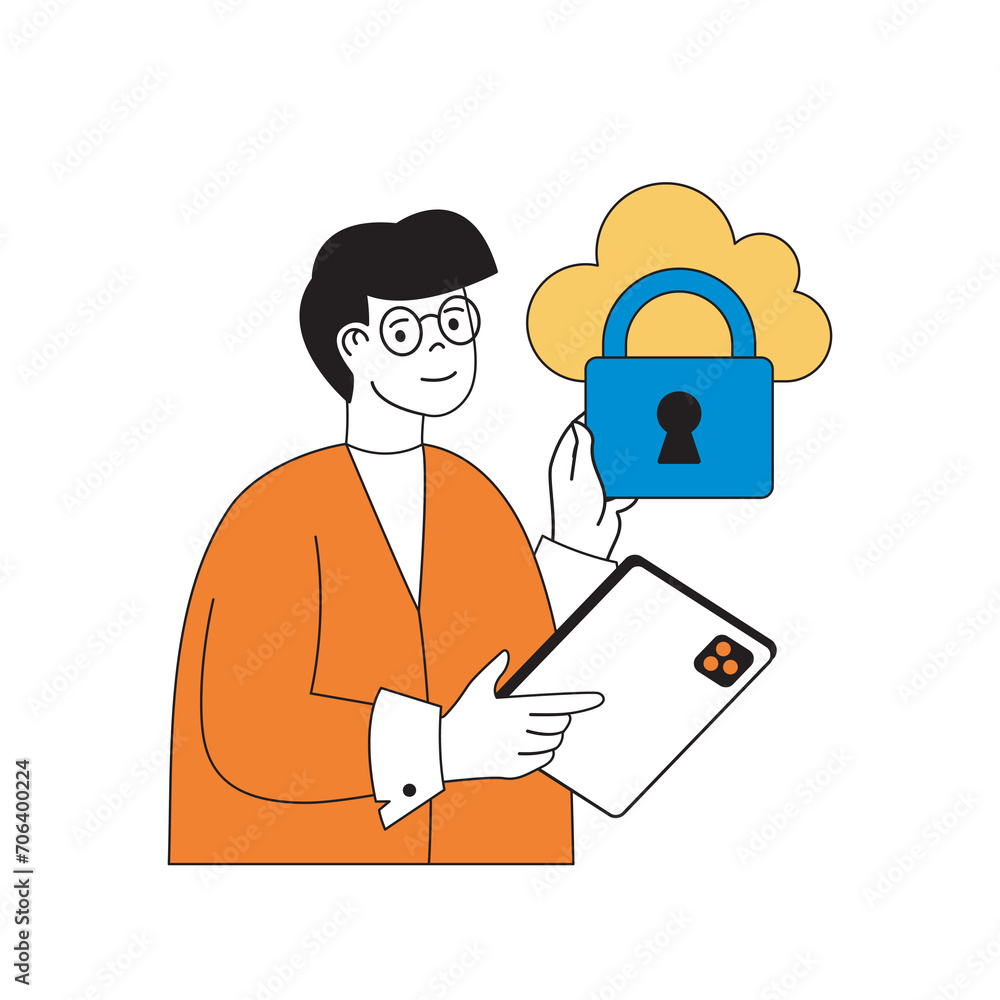 Aufkleber cloud computing concept with cartoon people in flat design for web. man using cloud storage platform
