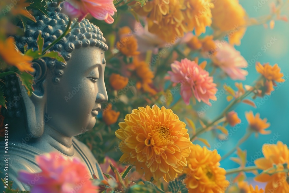 Poster a serene buddha statue adorned with colorful flowers. perfect for adding a touch of tranquility to a