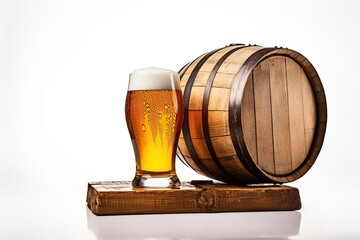 Glass of beer and wooden barrel on white background