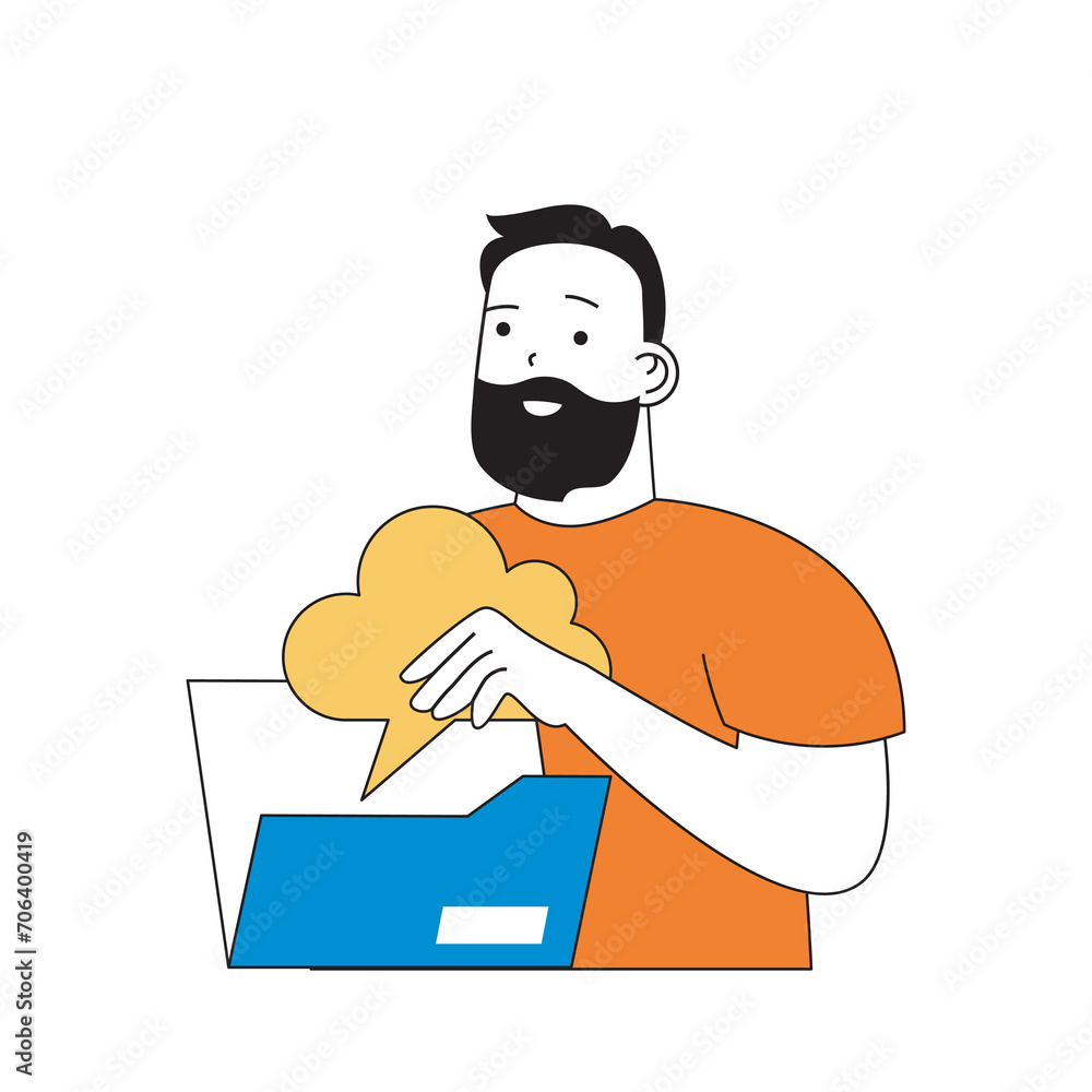 Aufkleber Cloud computing concept with cartoon people in flat design for web. Man working with online documents and managing virtual folders. Vector illustration for social media banner, marketing material.