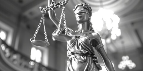 A statue of Lady Justice holding a sword. Can be used to symbolize justice, law, and legal concepts