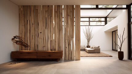 Rustic Tranquility: Modern Minimalist Entrance Hall with Abstract Wooden Room Divider