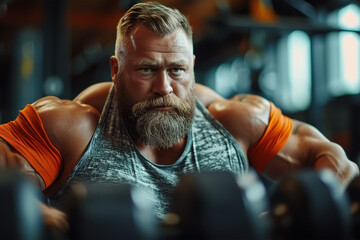 Fototapeta na wymiar Bodybuilding, sports motivation. Strong concentrated adult man with beard working out in gym. Muscular bodybuilder training shoulders