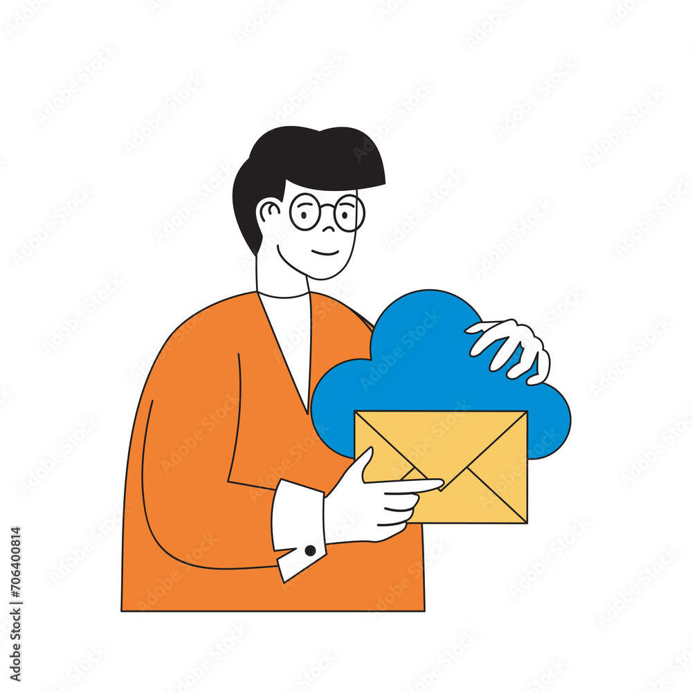 Aufkleber Cloud computing concept with cartoon people in flat design for web. Man sending email and storage business letters in cloud platform. Vector illustration for social media banner, marketing material.