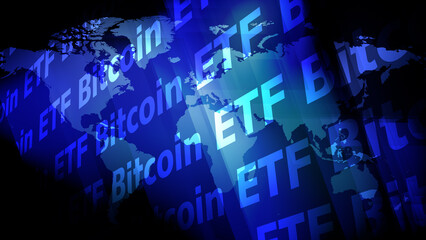 World map shows global finance evolution bitcoin etf digital finance investment fund offers crypto token with deflationary value low fees, and high returns, making it worldwide trend